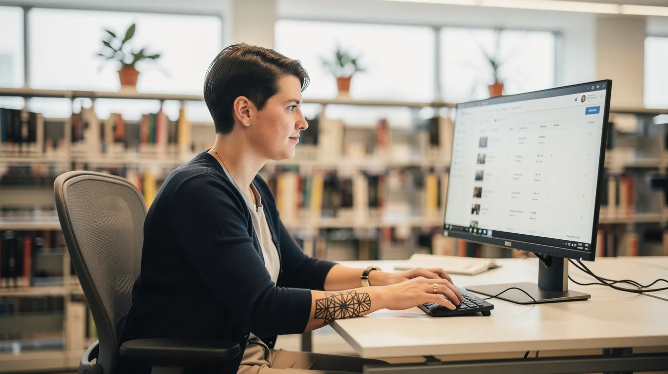 A modern librarian with a tattoo is seated at a computer monitor, engaged in managing library resources and utilizing library automation software. The scene reflects the integration of technology in public libraries, showcasing the librarian's role in supporting patrons and enhancing access to information.