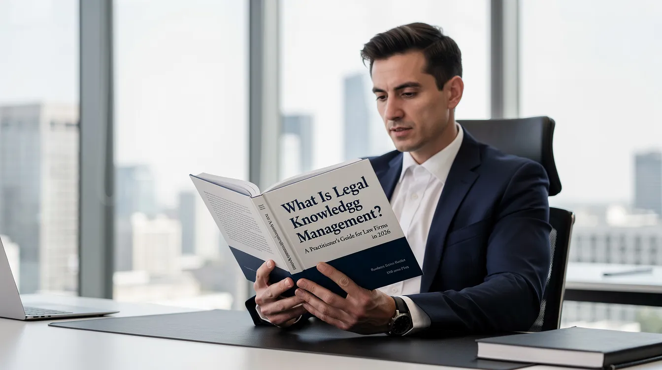 A lawyer reading a practitioner's guide to legal knowledge management for law firms.