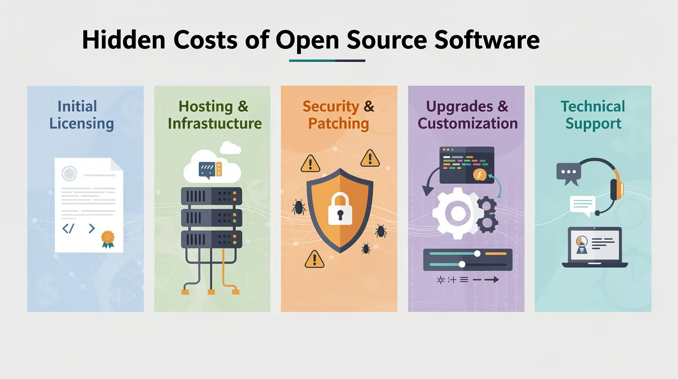 Hidden cost factors of open source software, including initial licensing, hosting and infrastructure, security and patching, upgrades and customization, and technical support, all relevant for library management systems. It emphasizes the importance of understanding these costs for effective management of resources in libraries, whether small school libraries or larger organizations.