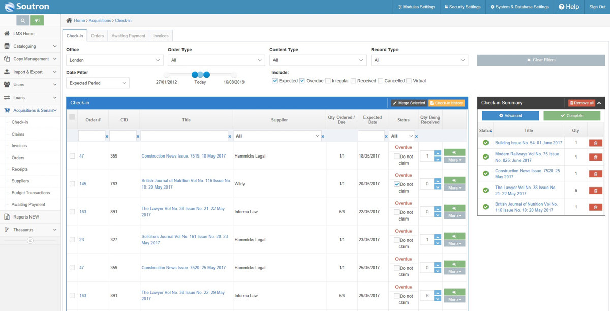 Soutron Acquisitions Serials Screenshot