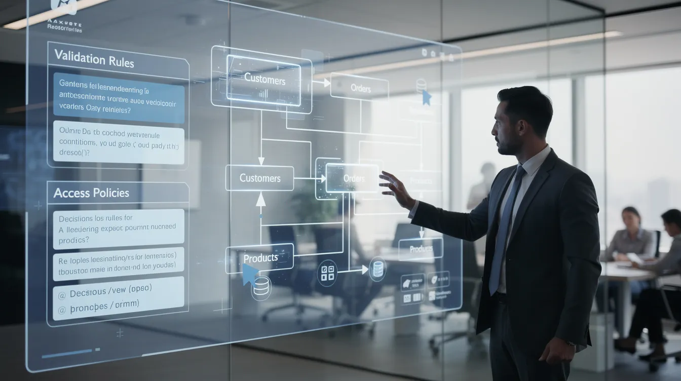 A businessperson is engaged in visually architecting a database, focusing on customizing business rules and ensuring data integrity within the management system. They are utilizing tools to define relationships and implement complex rules that support the organization's business logic and compliance standards.