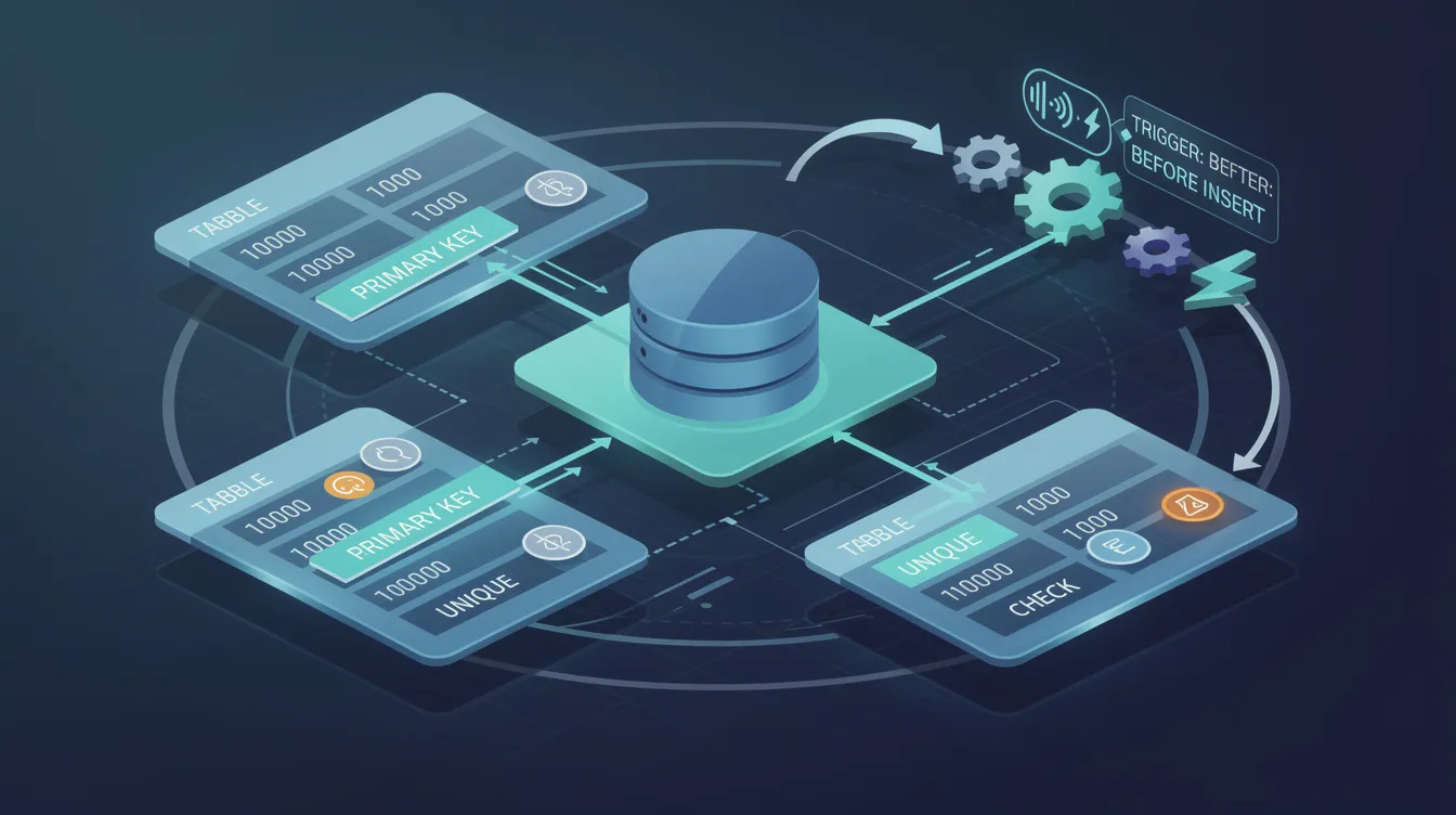 The image depicts various SQL techniques used to enforce business logic within a database, showcasing elements like PRIMARY KEY, UNIQUE, CHECK constraints, and triggers. These components illustrate how to maintain data integrity and compliance with business rules in a relational database management system.