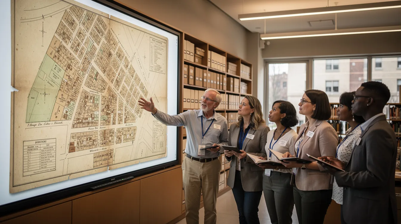 A diverse group of librarians and archivists is gathered around a large display showcasing a historical city housing diagram, symbolizing the integration of library resources and technology in preserving community knowledge. This gathering highlights the importance of collaboration in enhancing library services and engaging users through innovative solutions.