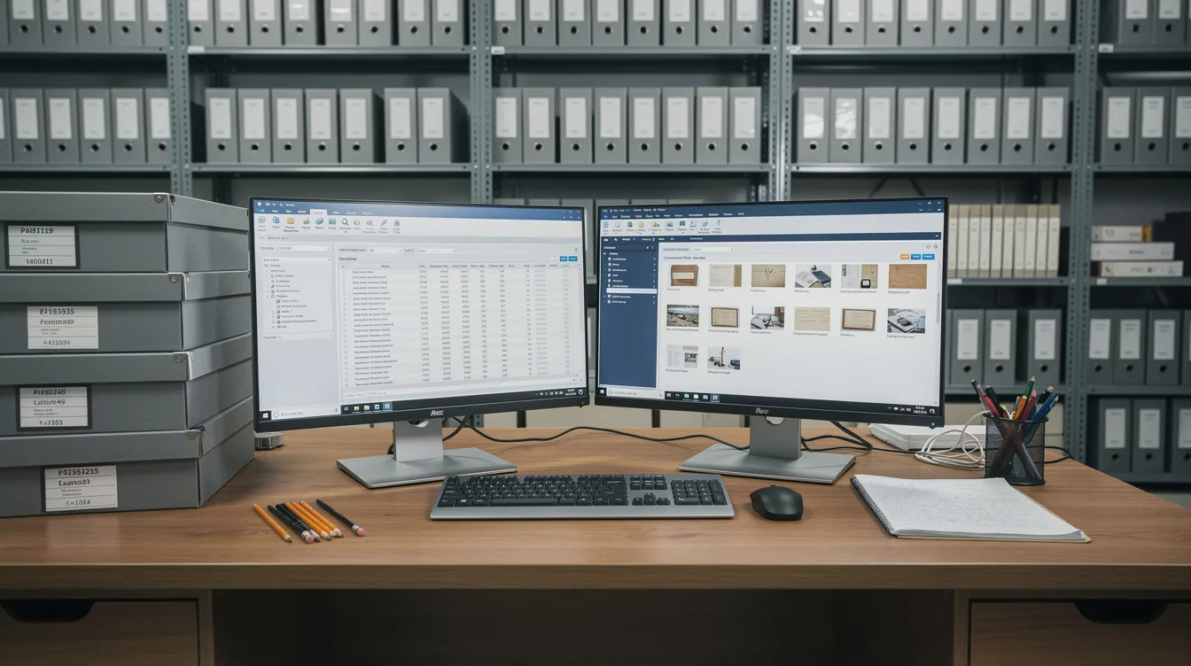 The image depicts a professional archive workspace featuring multiple computer screens displaying a cataloging interface for digital collections, alongside neatly organized archival boxes. This environment reflects the efforts of digital preservation, ensuring continued access to digital assets and resources for future generations.