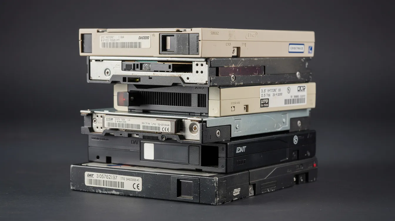 The image features a stack of old hard drives, floppy disks, and tape cartridges, representing various generations of storage technology and the evolution of digital materials. This collection highlights the importance of digital preservation efforts and the need for effective strategies to ensure continued access to digital assets for future generations.