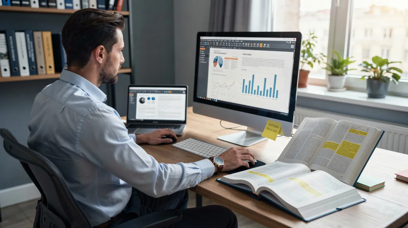 A researcher is using a multiple sources resources in a modern corporate library, showcasing the integration of library technology and automation software to enhance library services and support users in their search for knowledge. The environment reflects a focus on innovation and accessibility, providing a space for efficient management of library resources.