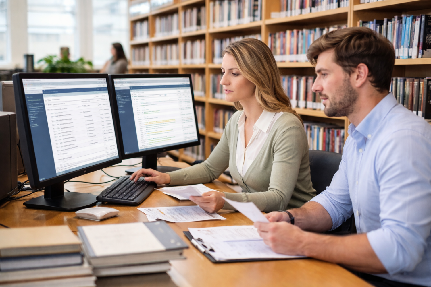 a man and a woman using a computer in a library