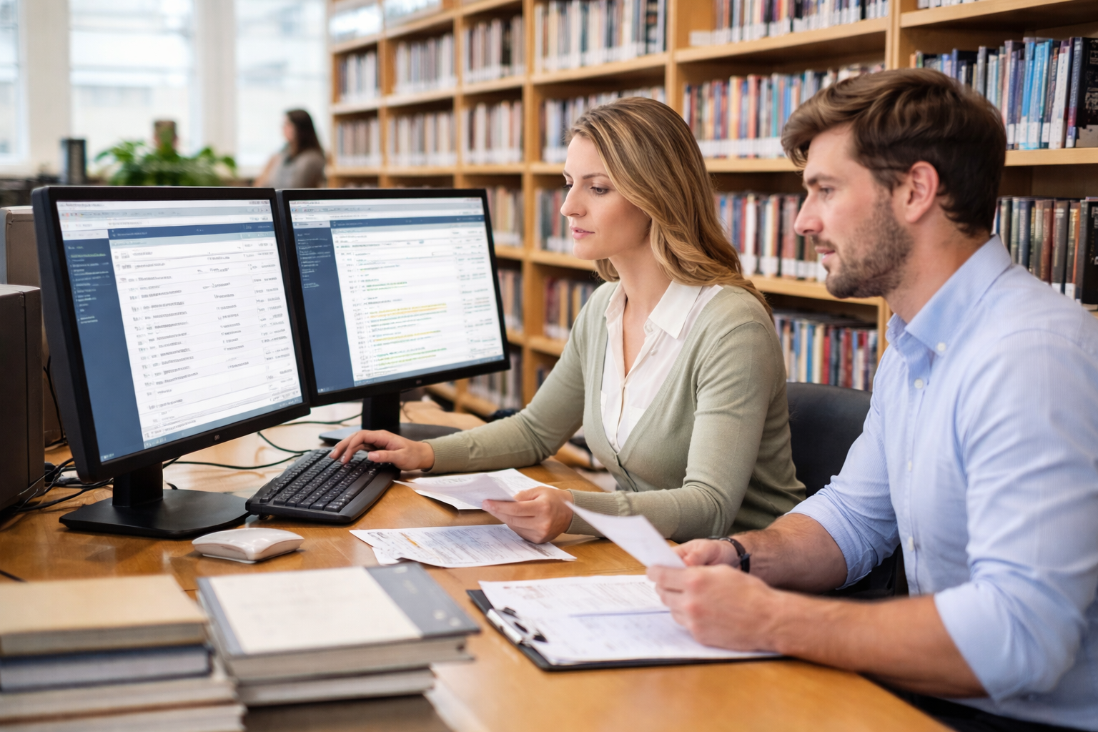 a man and a woman using a computer in a library