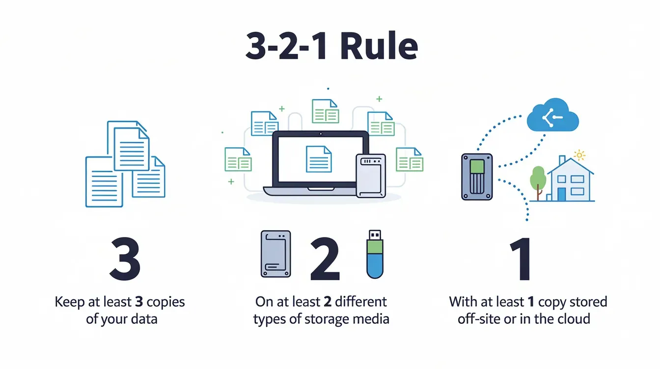 3-2-1 backup rule showing three data copies, two storage media types, and one off-site or cloud backup