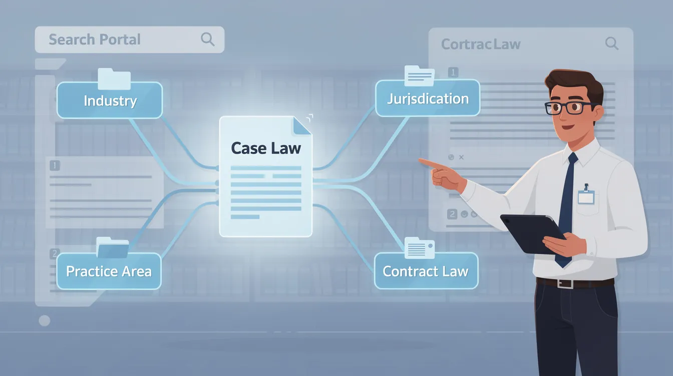 legal librarian pointing towards a document classified under four Hierarchical branches