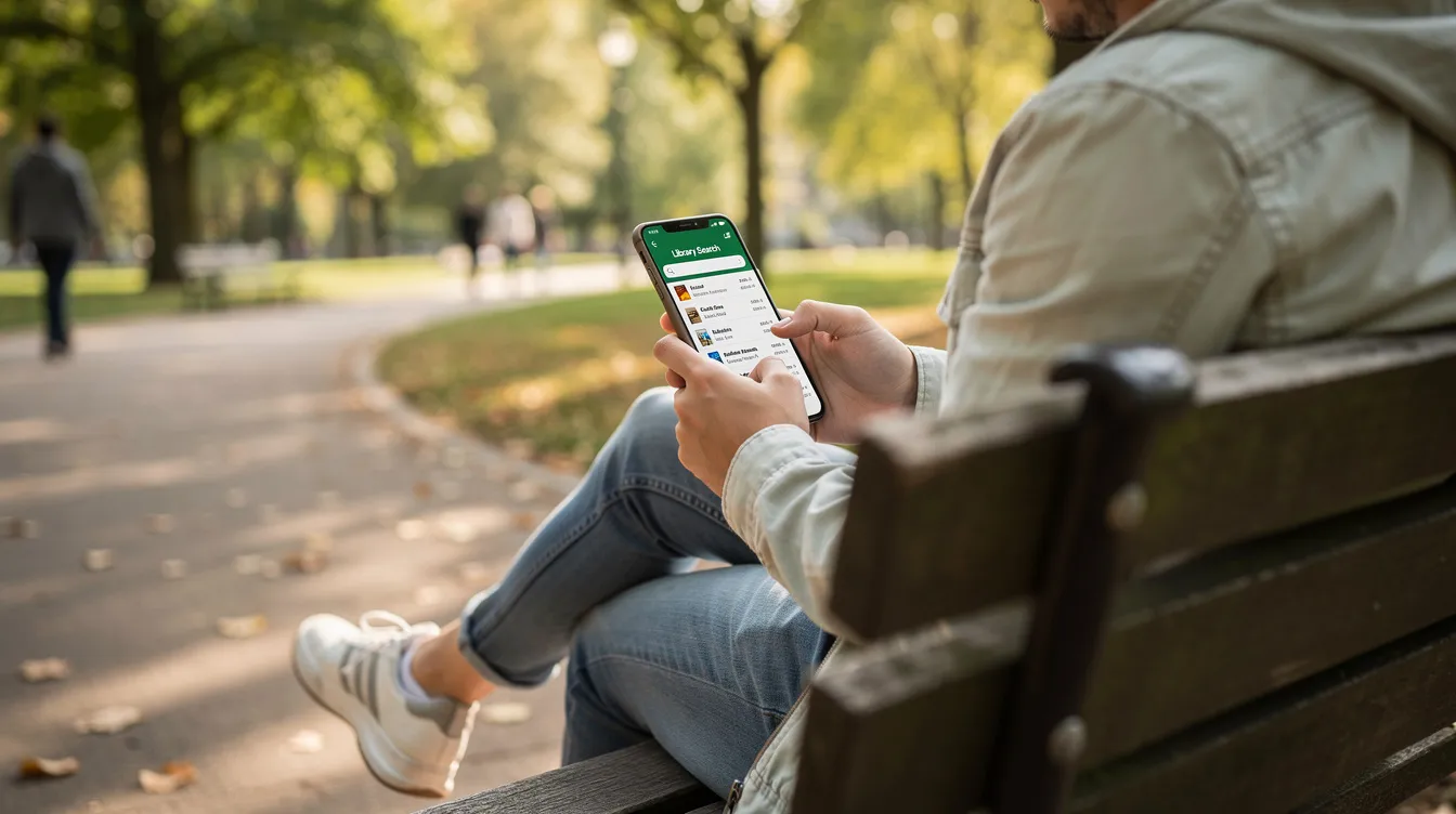 A person is sitting on a park bench, browsing a digital library catalog on their smartphone, showcasing a user-friendly interface for accessing materials from a small school library. This scene highlights the convenience of managing library collections online, allowing patrons to search for books and resources while enjoying the outdoors.