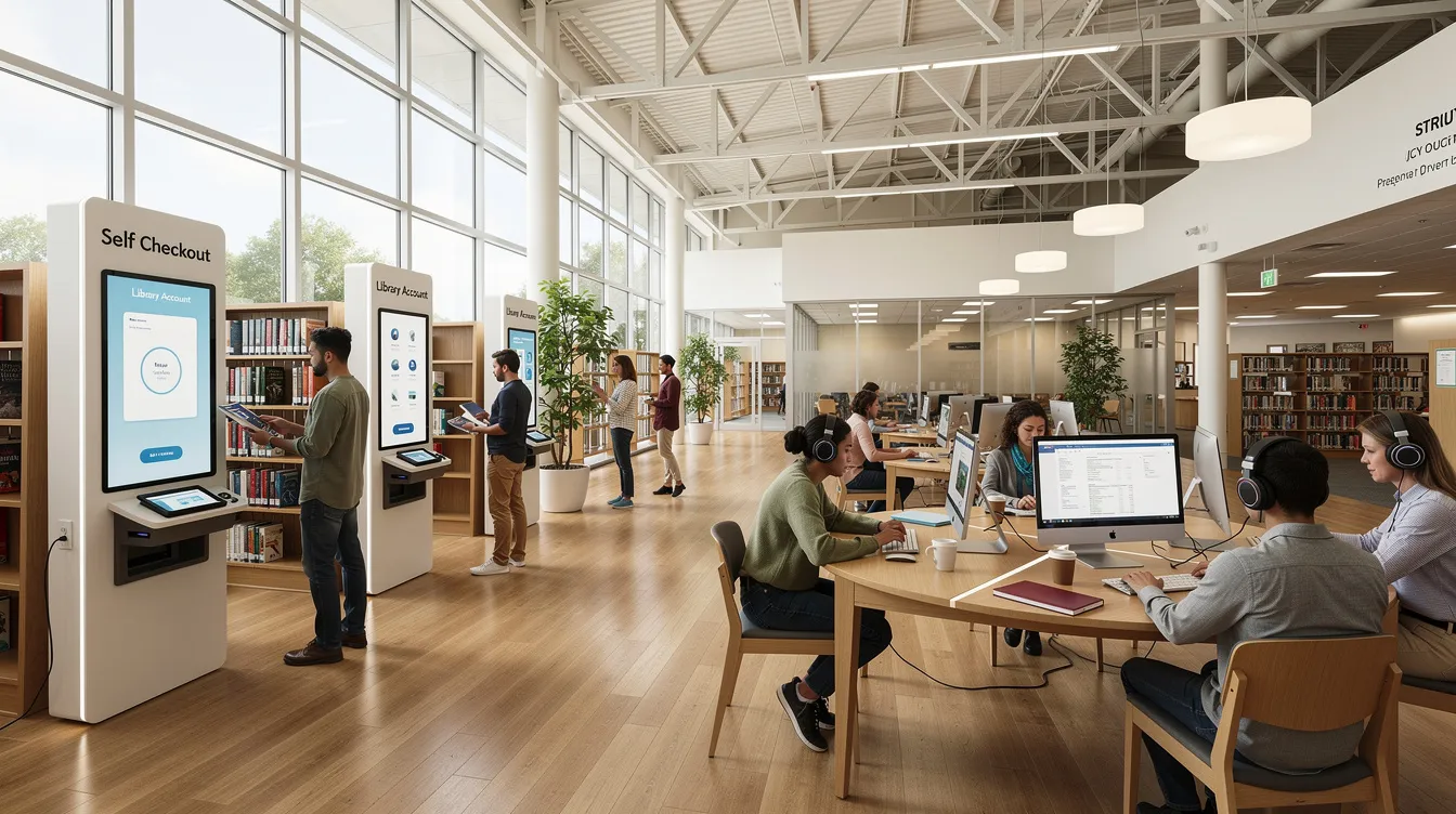 The image depicts a modern library interior where patrons are actively engaged with computers and self-service kiosks, highlighting a user-friendly digital library environment. Library staff are available to support users as they access materials and manage their accounts in this vibrant community space.