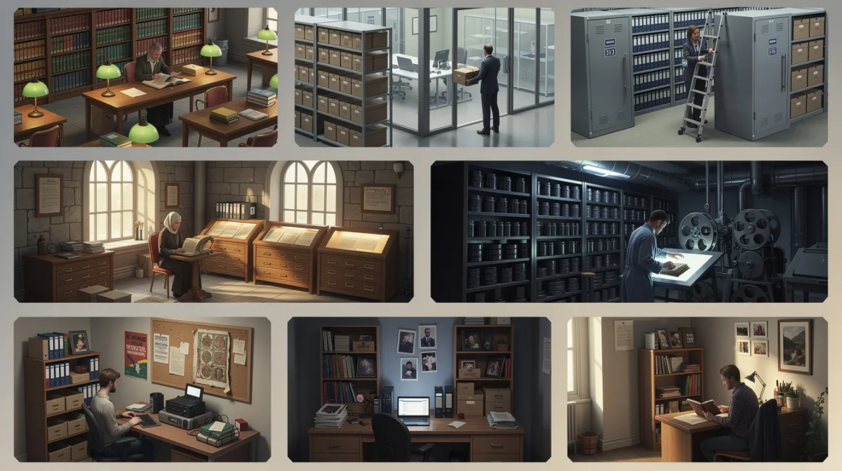 The image showcases various types of archives, including academic, business, government, church, film, non-profit, and personal archives, each represented by distinct archival materials and settings. These archival collections serve as repositories for historical records, preserving documentary evidence of past events and providing access to researchers and the public.