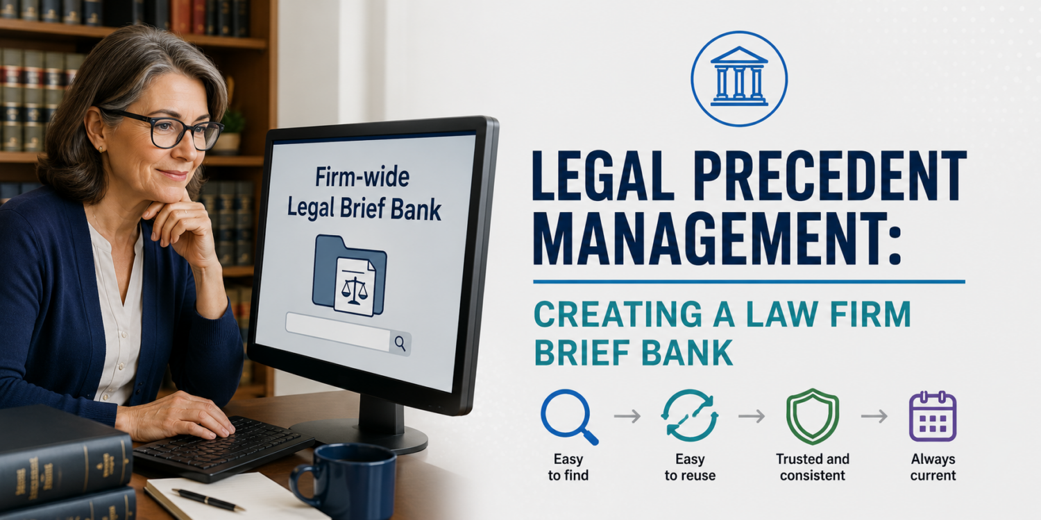 Attorney searching a law firm's legal precedent bank on a laptop.