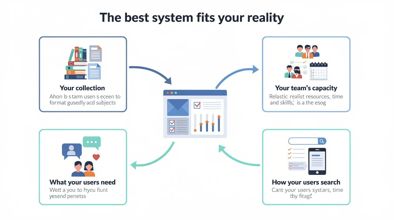 The graphic illustrates an ideal library automation system that aligns with the unique needs of a library's collection, the capabilities of its staff, and the search behaviors of its users. It emphasizes the importance of having integrated library management software that enhances user engagement and supports efficient resource management within both public and academic libraries.