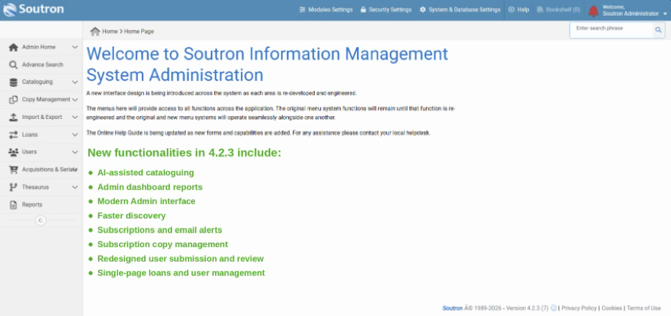 Soutron LMS 4.2.3 administration homepage and new features.