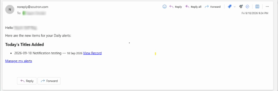Soutron email notifications for newly added titles.