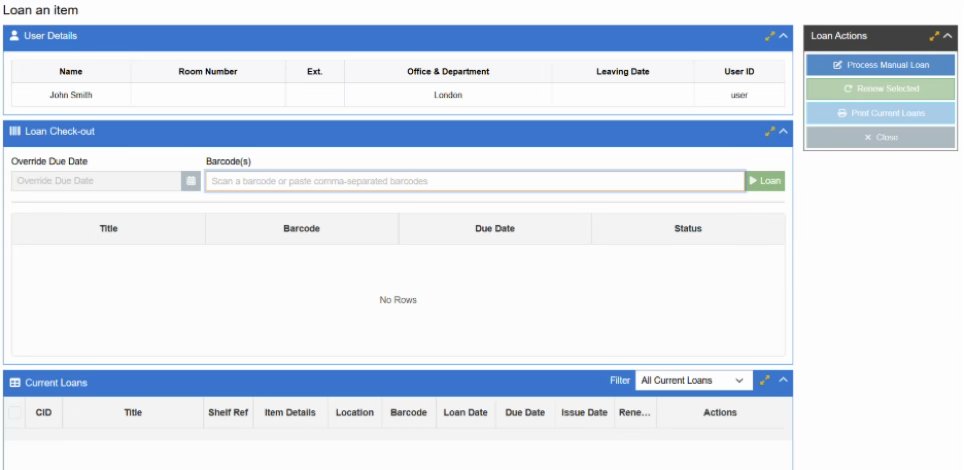 Soutron loan checkout, due dates, and current loans.